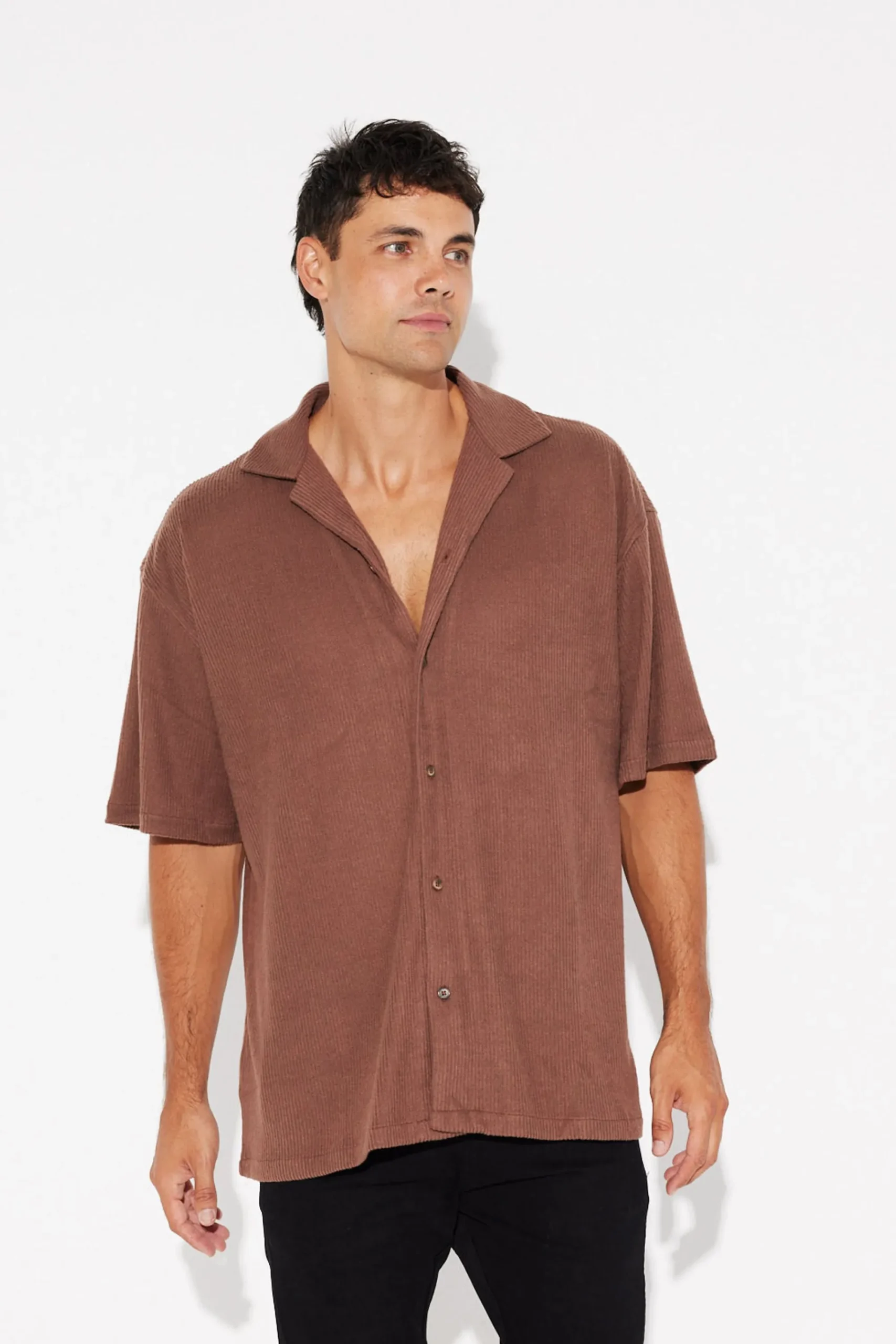 Shirts>Sampson and Taylor Cord Knit Short Sleeve Shirt Choc - Final Sale