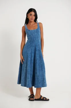 Dresses>Pink Diamond Daisy Midi Dress Dark Denim