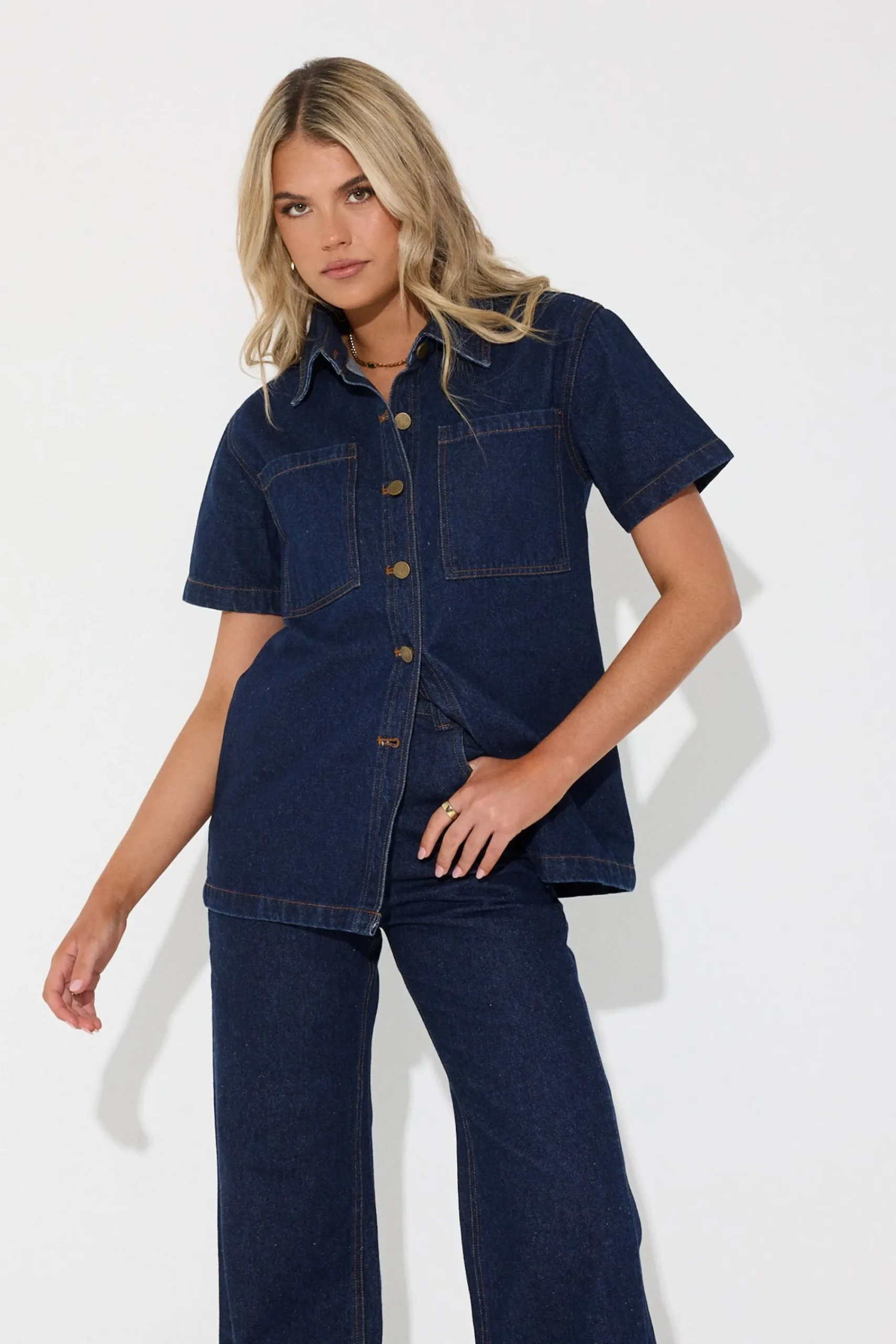 Shirts>Pink Diamond Rachel Denim Shirt Dark Denim