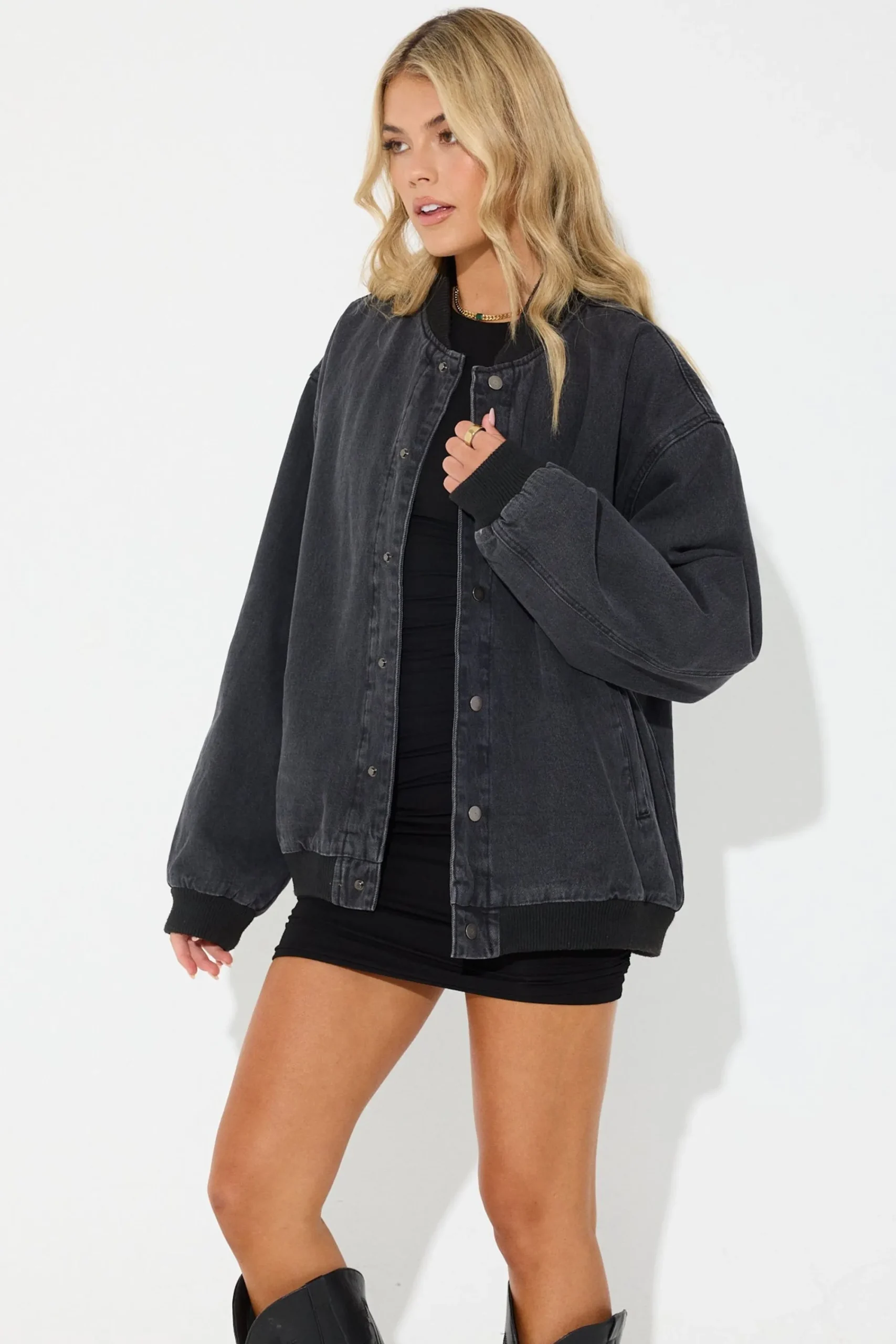 Jackets & Blazers>Sampson and Taylor Unisex Vintage Bomber Denim Jacket Black