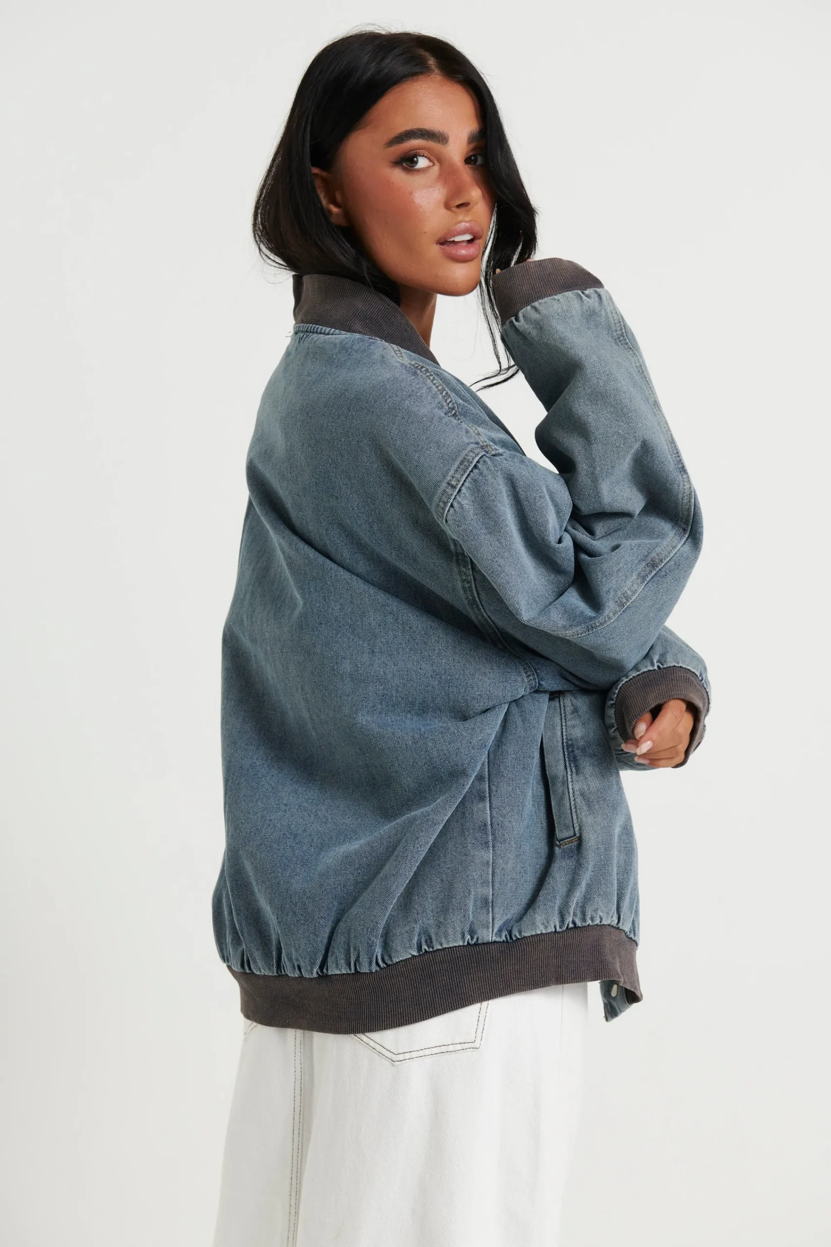 Denim>Sampson and Taylor Unisex Vintage Bomber Denim Jacket Blue