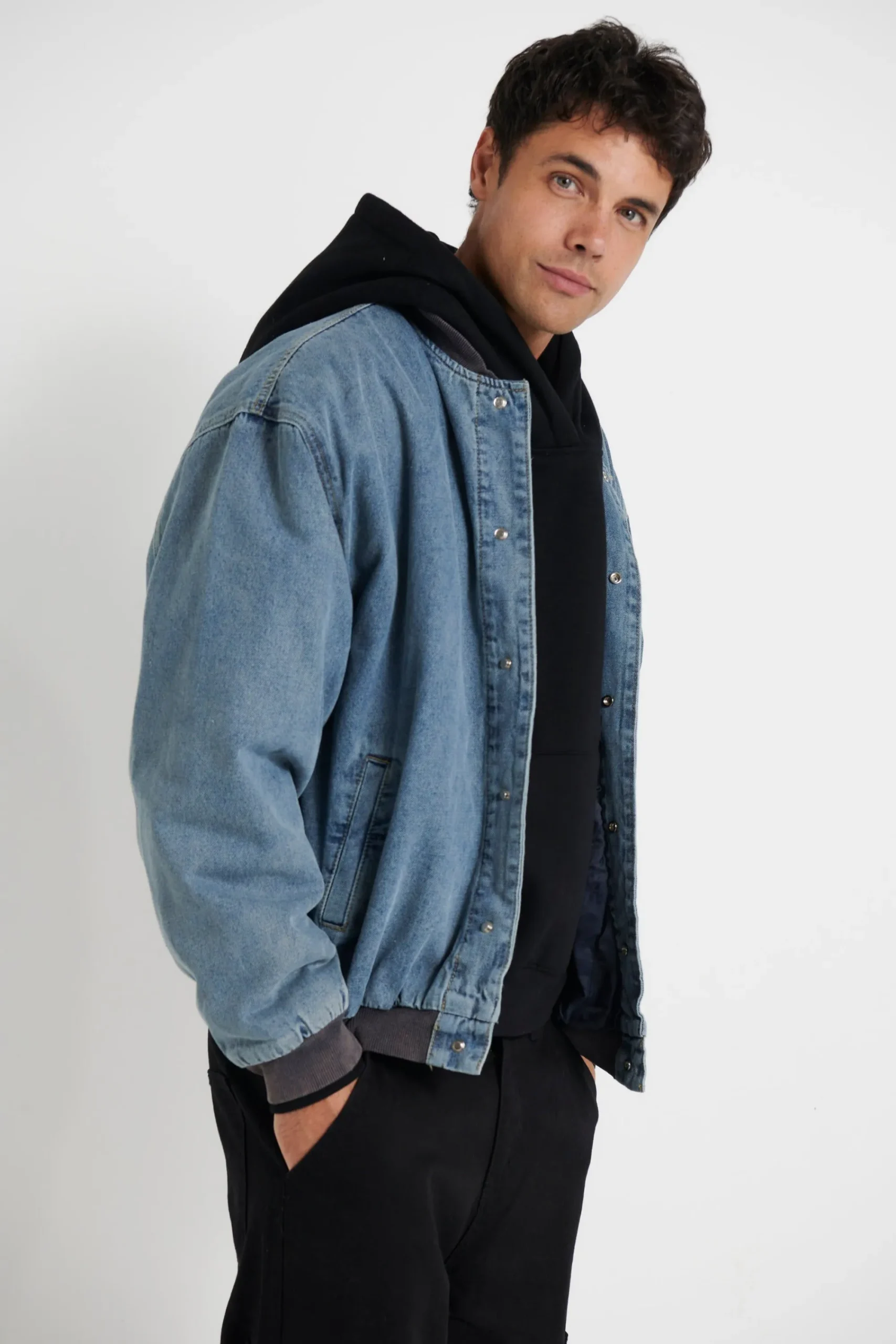 Jackets>Sampson and Taylor Vintage Bomber Denim Jacket Blue